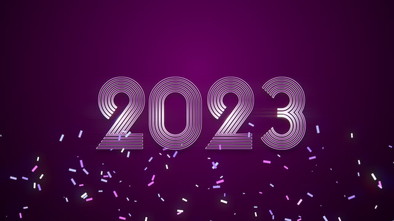 2023 anni con volare coriandoli colorati su sfumatura viola