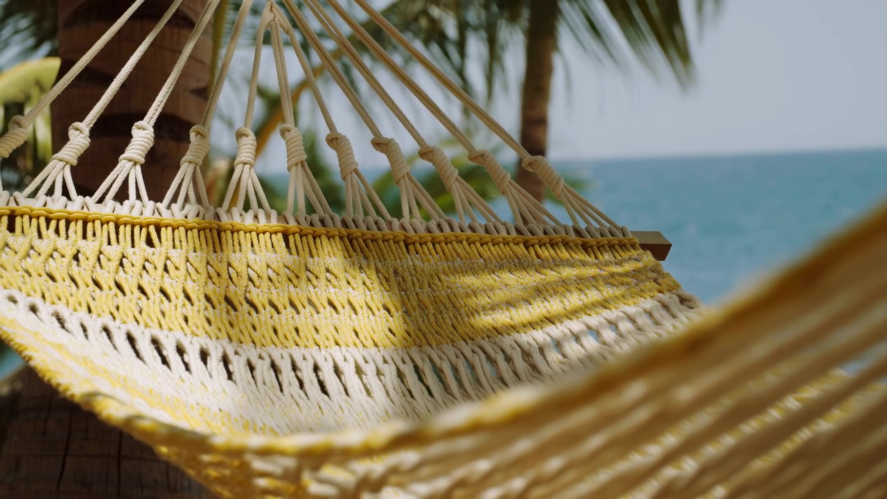 Primo piano dettagliato di un'amaca di cotone gialla tesa tra tronchi di palma su una costa tropicale. Corde intrecciate, anelli annodati e barre distanziatrici in legno sono