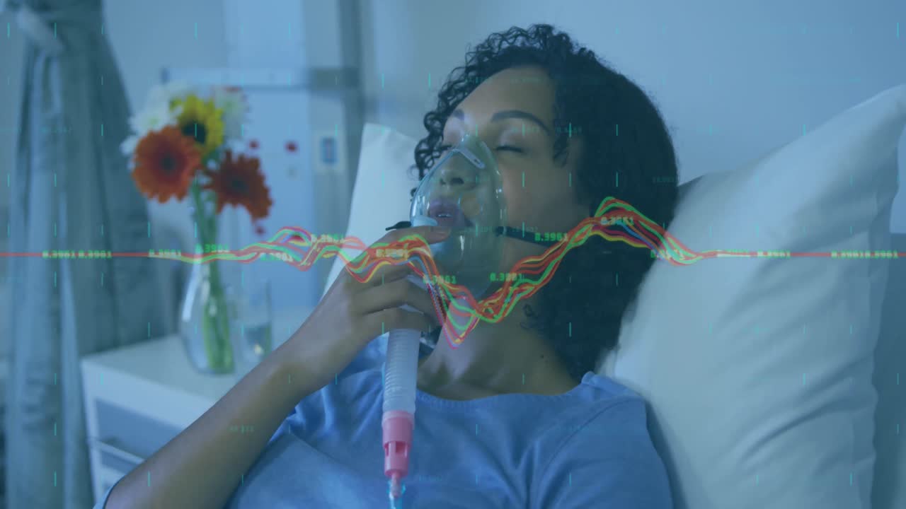 Animation of data processing over african american women using oxygen mask