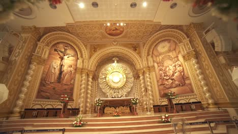 reveal slow motion shot of church interior chancel and altar