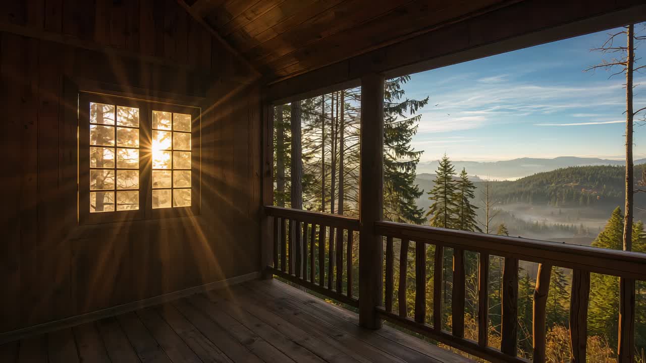 Peeking sunburst through multi-pane window casting rays across wood porch at sunrise misty valley