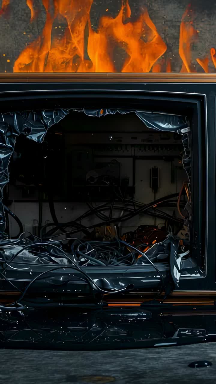 Video verticale: Televisore che scintilla, bruciando attraverso cavi esposti in una stanza interna, con braci.