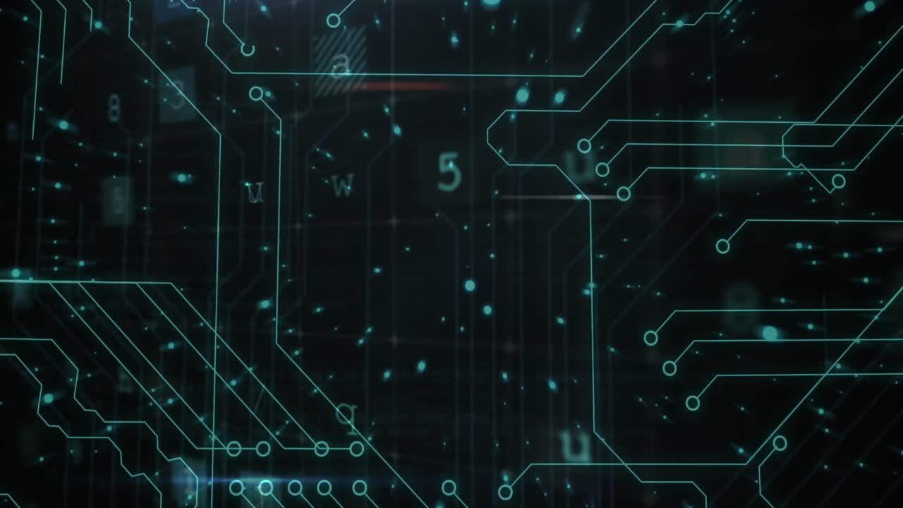 Animation of microprocessor connections and cyber security data processing against black background