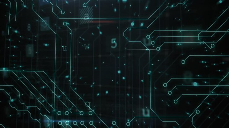 Animazione di connessioni di microprocessori e di elaborazione dati di cybersicurezza su sfondo nero