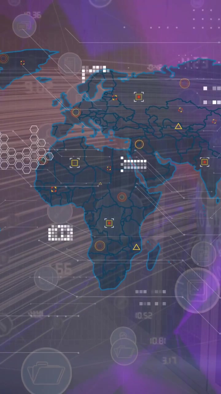 Animation of world map with data processing over network of connections with icons