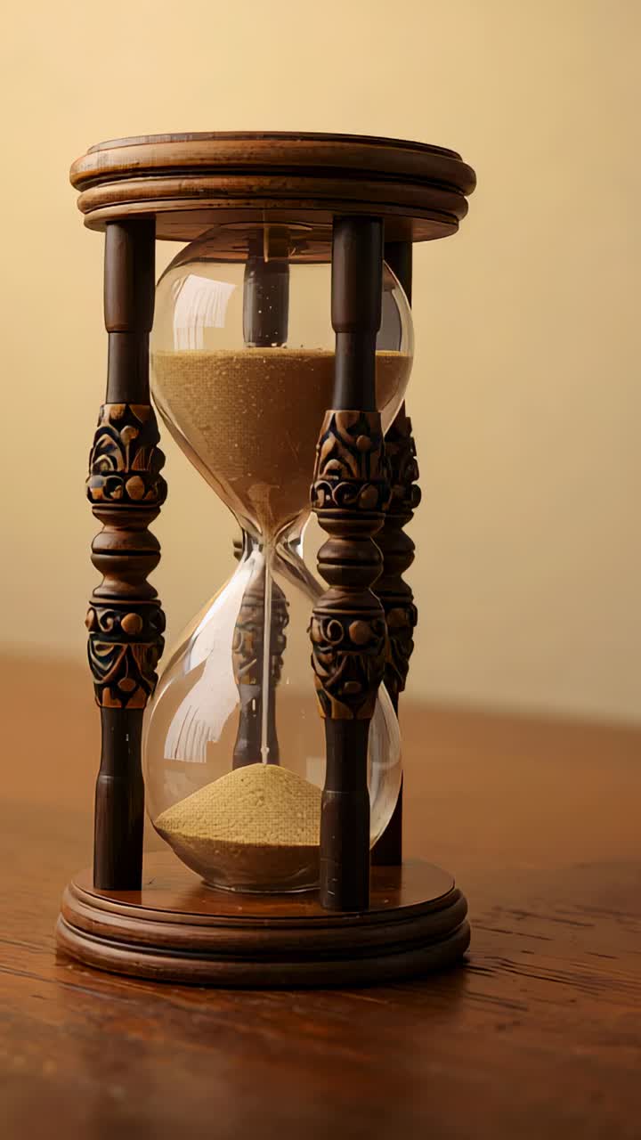 Vertical video: Starting ornate wooden hourglass trickling tan sand on wood table, measuring time