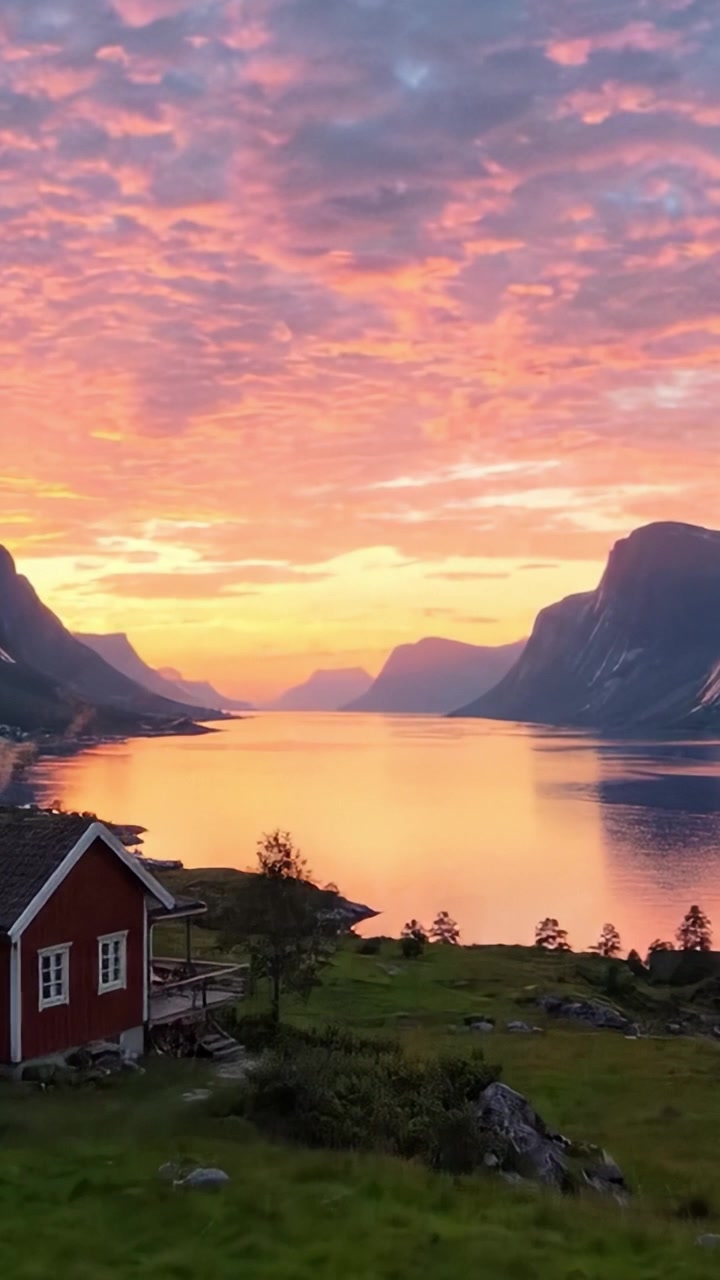 En fængslende solnedgang over majestætiske fjorde: Rolige refleksioner af naturens farvepalet og fredfyldte udsigter fra et malerisk tilflugtssted