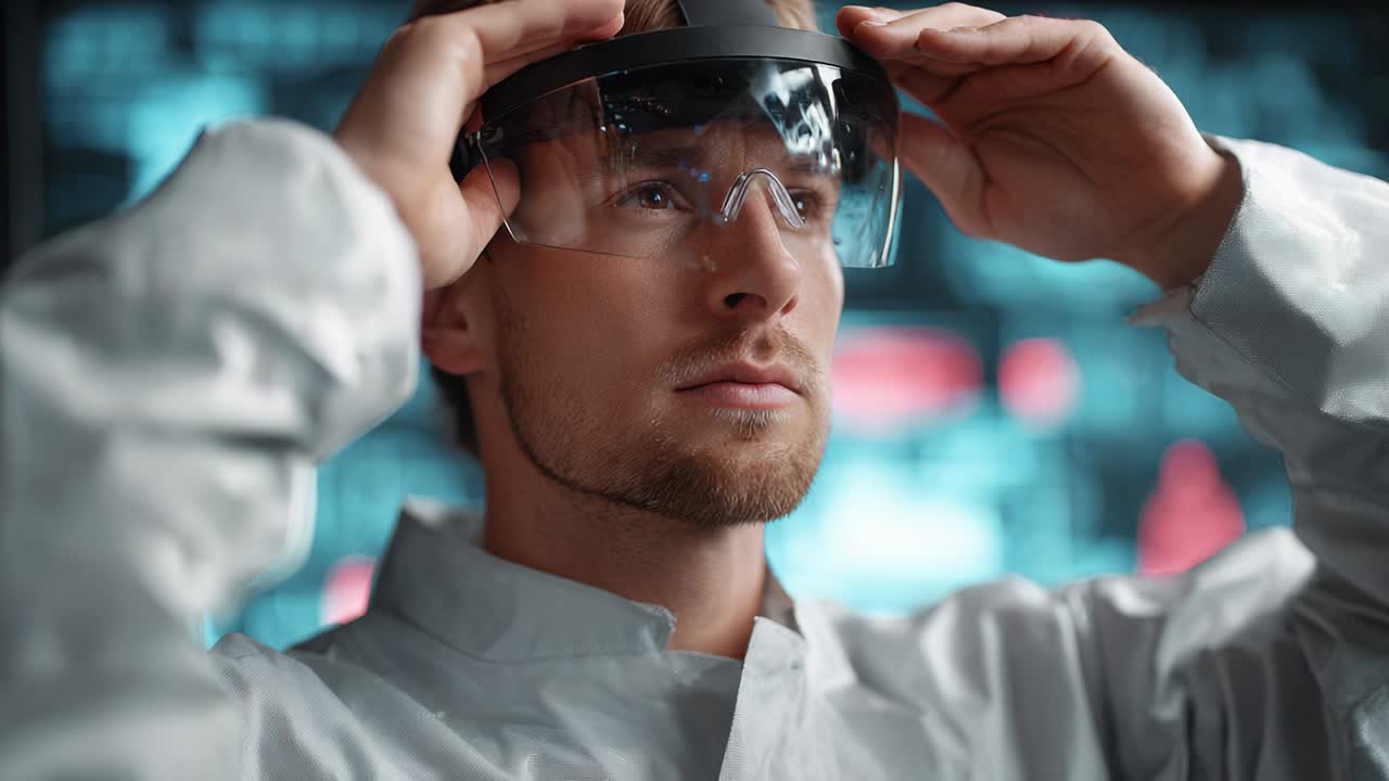 Innovative Technology: A Focused Individual Wearing Augmented Reality Glasses in a High-Tech Environment Analyzing Data and Enhancing Interactive Experiences