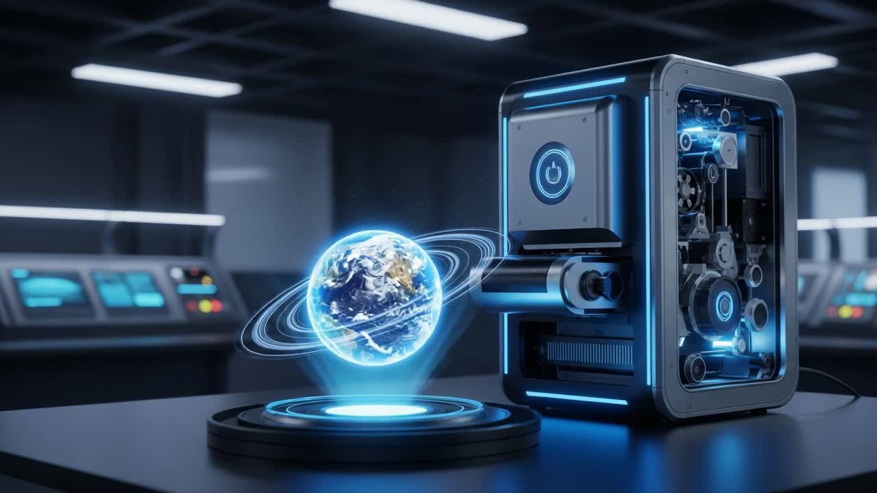 Futuristic technology displayed in a modern lab, showcasing a holographic globe emerging from a sophisticated device, highlighting innovation and advanced representation of the Earth