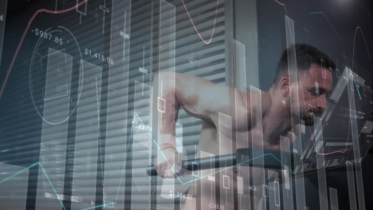 체육관 장비로 운동하는 강한 남자에 대한 데이터 처리 애니메이션