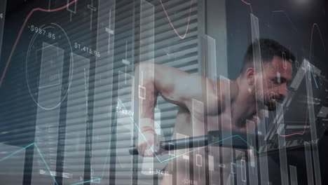 animación del procesamiento de datos sobre un hombre fuerte haciendo ejercicio con equipos de gimnasio