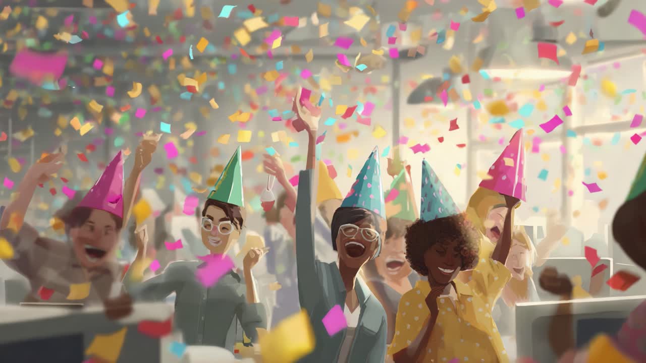A Vibrant Celebration Unfolds: Friends Gather in Joyful Unity Amidst Colorful Confetti and Festive Hats to Celebrate a Special Occasion with Laughter and Cheer