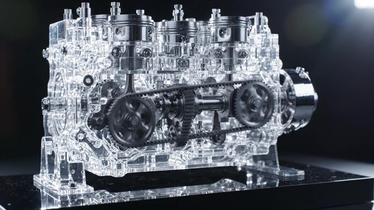 A Stunning Transparent Display of a Complex Engine Assembly Showcasing Intricate Mechanical Components and Engineering Excellence in a Captivating Design