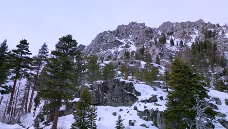 Aerial-view-of-tall-rocky-mountains-in-Desolation-Wilderness-Eagle-Lake,-Lake-Tahoe,-California