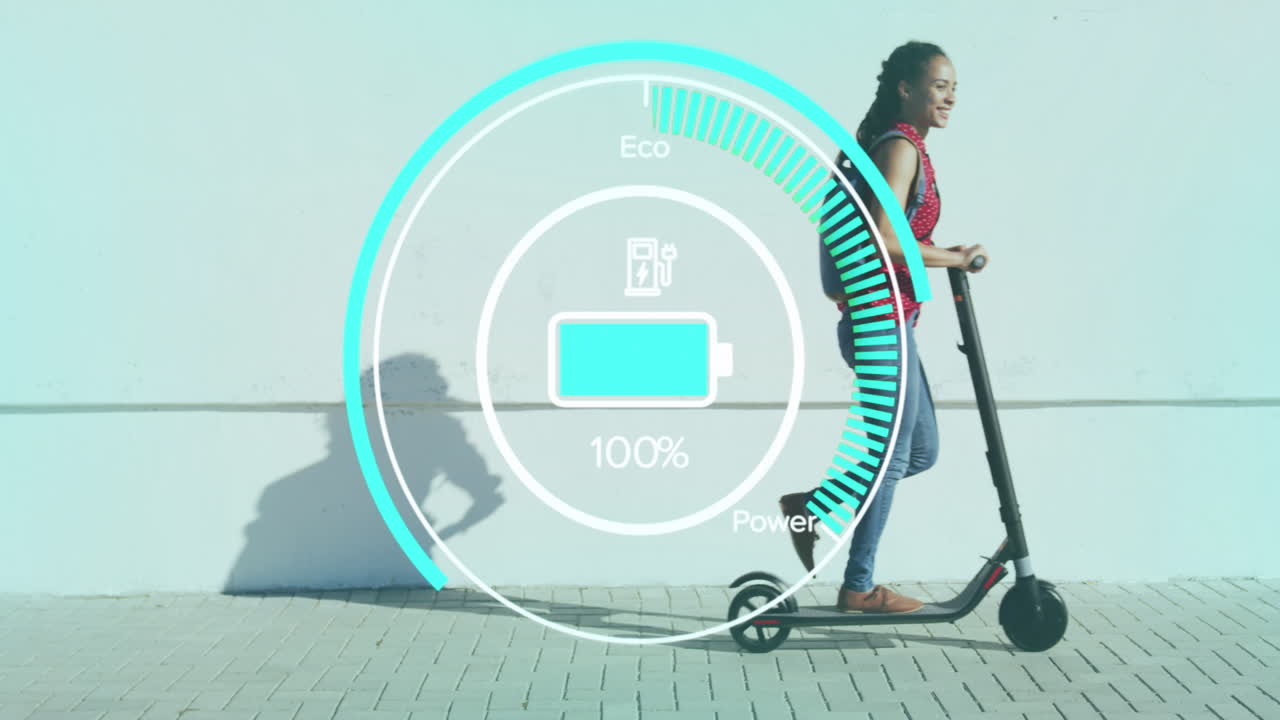 animación de panel de ecología sobre mujer biracial montando scooter