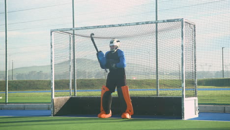 playing field hockey, goalie in protective gear guarding goalpost on field