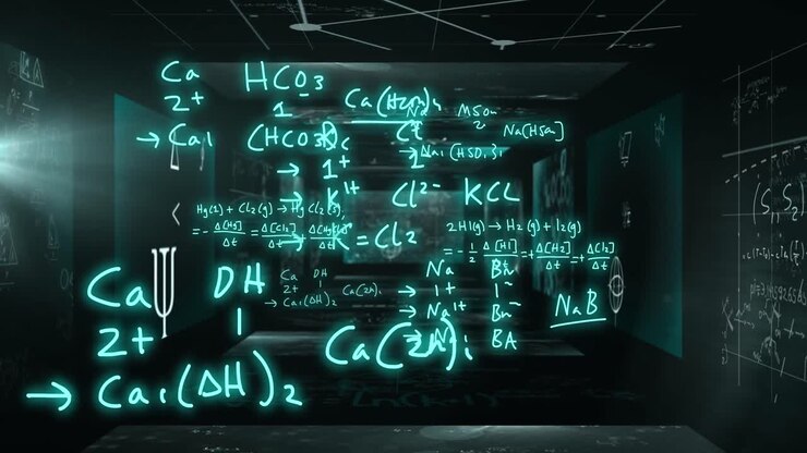 Animation of mathematical formulae and scientific data processing over black background