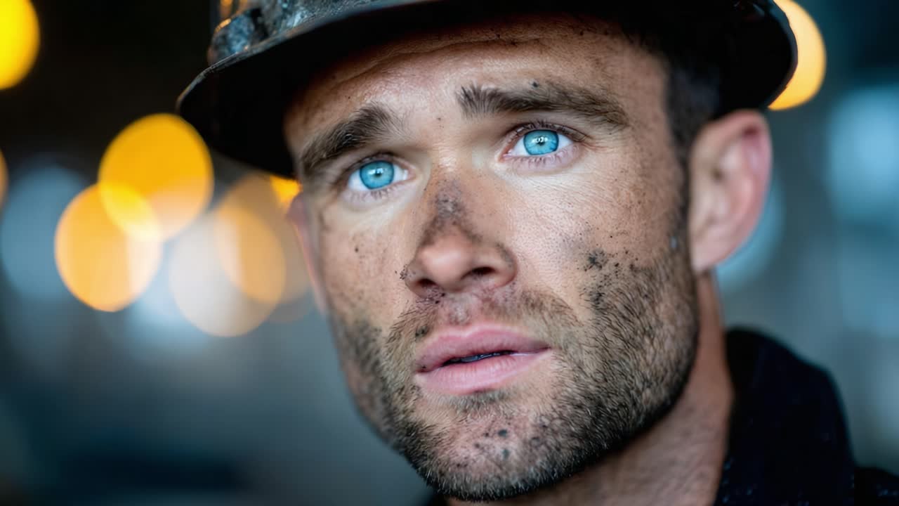 A Close-Up Portrait of a Determined Worker with Striking Blue Eyes and a Rugged Appearance, Reflecting the Hardships and Resilience of Labor in a Challenging Environment