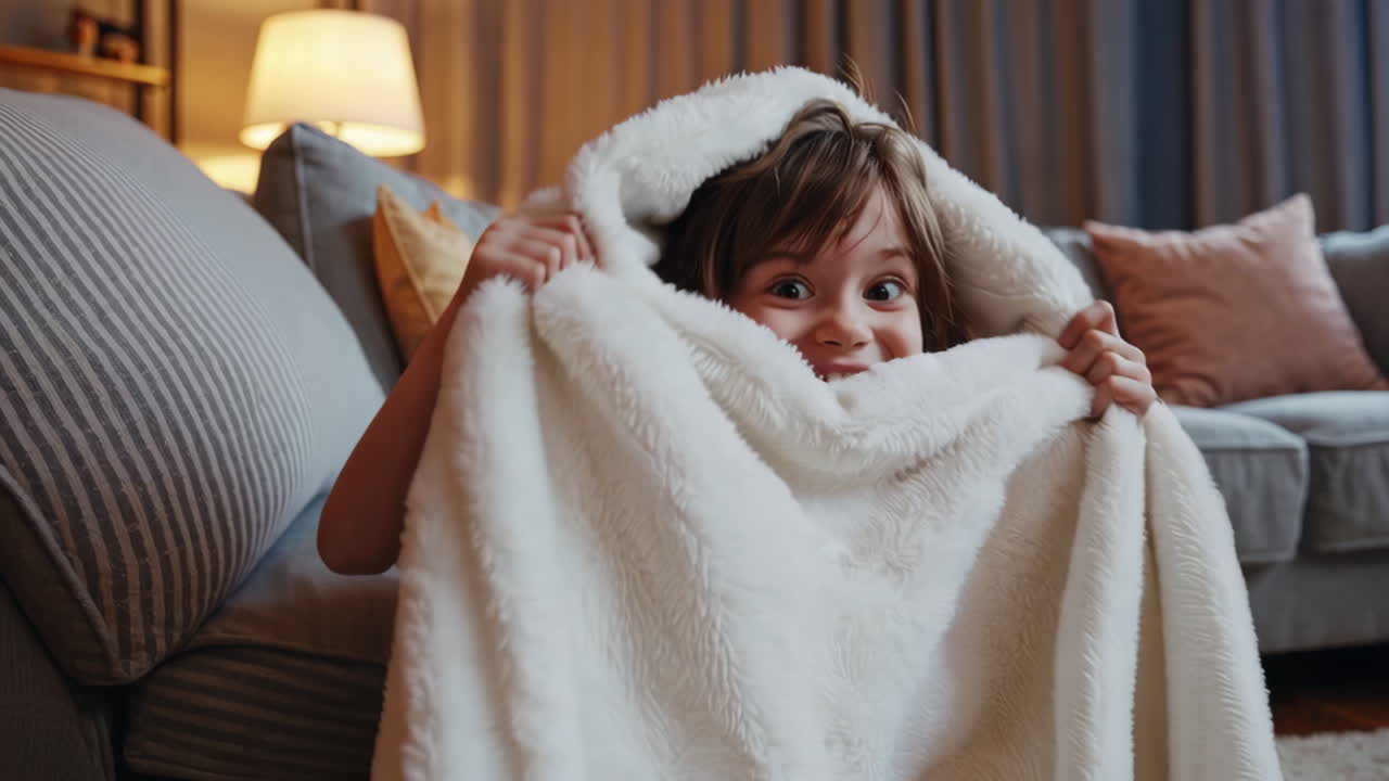 Happy child playing with a blanket