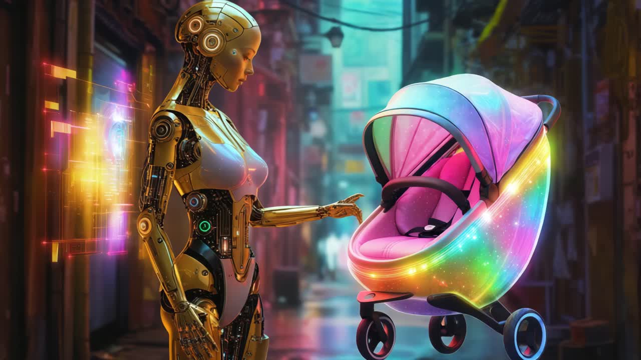 robot futuristico e passeggino per bambini in una città al neon