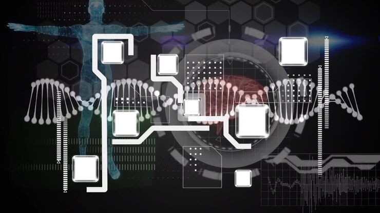 Animation of data processing with dna strand over network of connections on black background