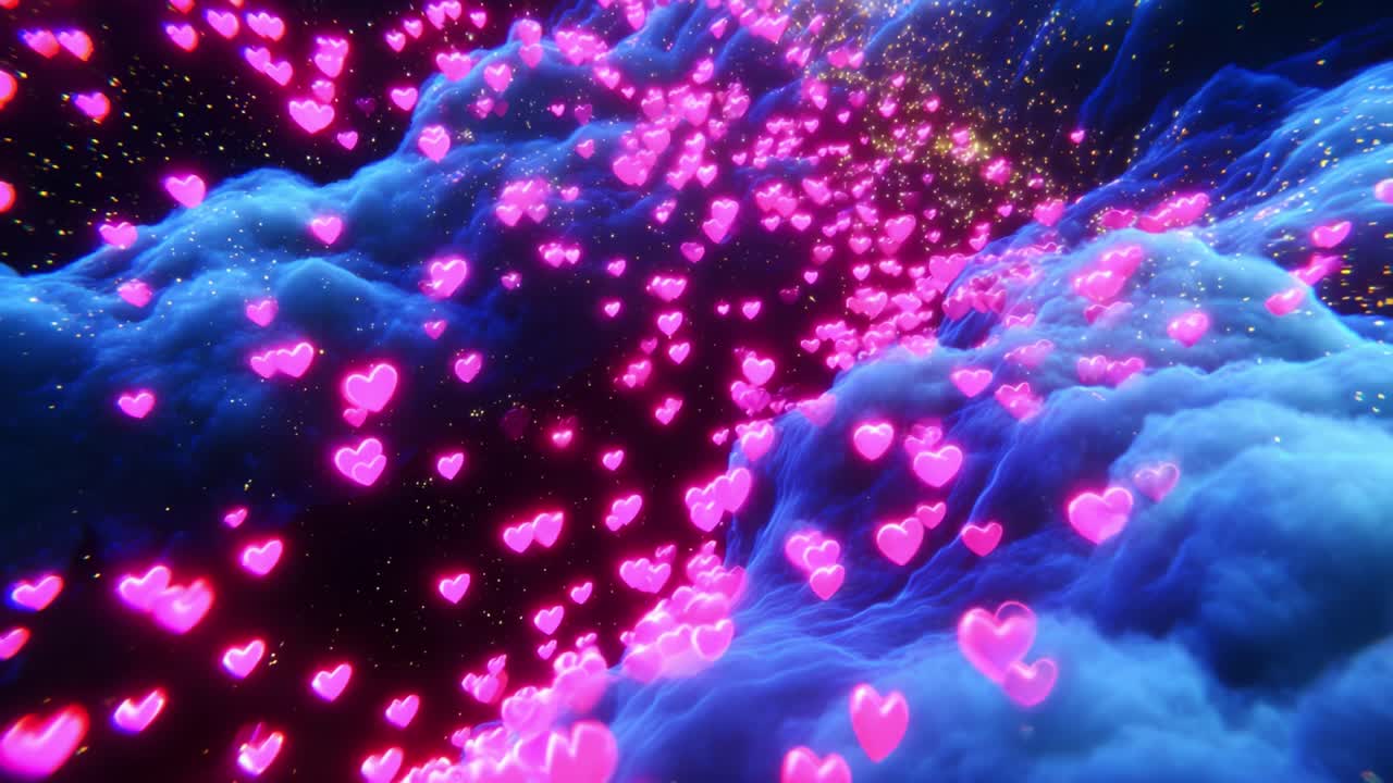 A Spectacular Display of Floating Pink Hearts in a Dreamlike Cosmic Setting, Surrounded by Shimmering Stars and Ethereal Clouds, Conveying a Strong Sense of Love and Positivity in an Immersive Experience