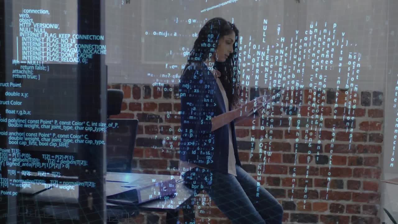 procesamiento de datos contra el retrato de una mujer india usando una tableta digital en la oficina