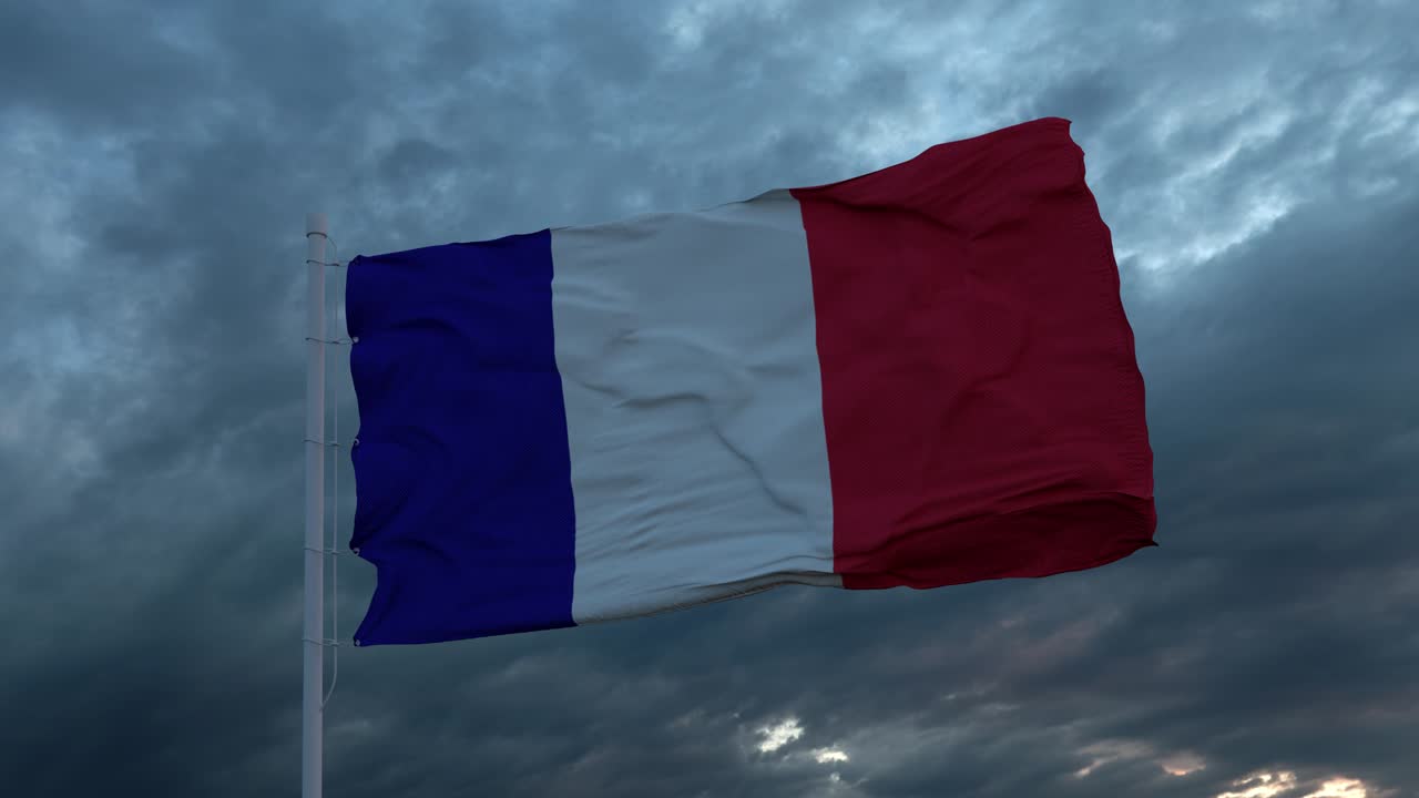 프랑스의 현실적인 발이 깊고 무거운 폭풍우 하늘에 대항하여 바람에 흔들리고 있습니다.