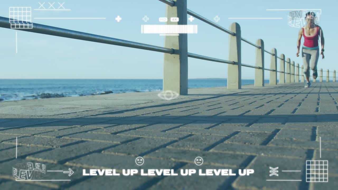 산책로에서 달리는 여자를 상대로 비디오 게임 인터페이스의 디지털 애니메이션