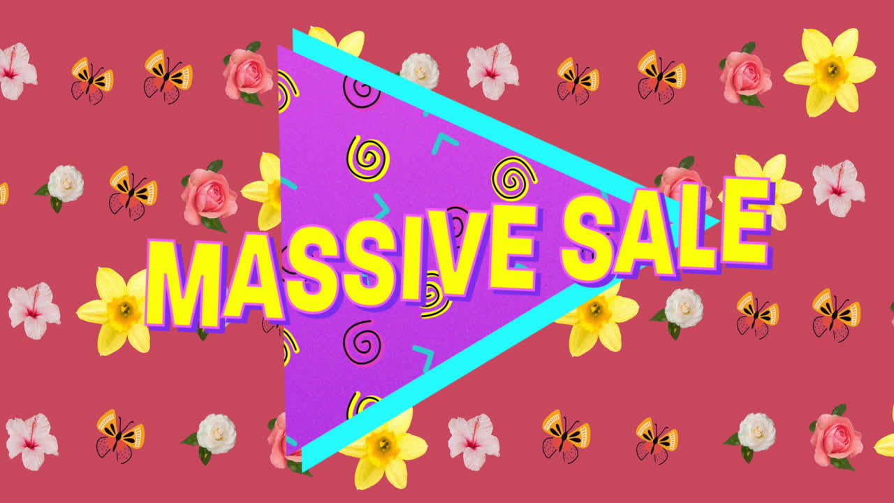 추상적인 모양과 꽃 배경으로 삼각형 위에 거대한 판매 텍스트의 애니메이션