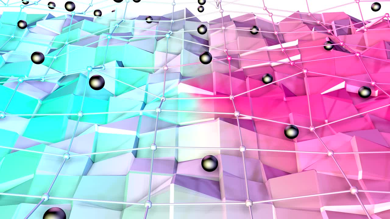 baja superficie polimétrica 3d con cuadrícula o malla voladora y esferas negras como telón de fondo. suave fondo geométrico bajo polimétrico de polígonos rojos azules puros. fondo de bucle sin costuras 4k fullhd