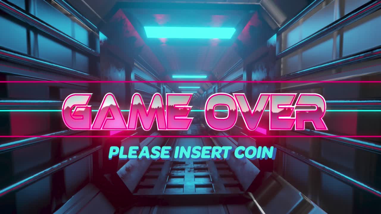 조명 게임의 애니메이션이 끝났고 컴퓨터 장비에서 동전 텍스트를 입하십시오.