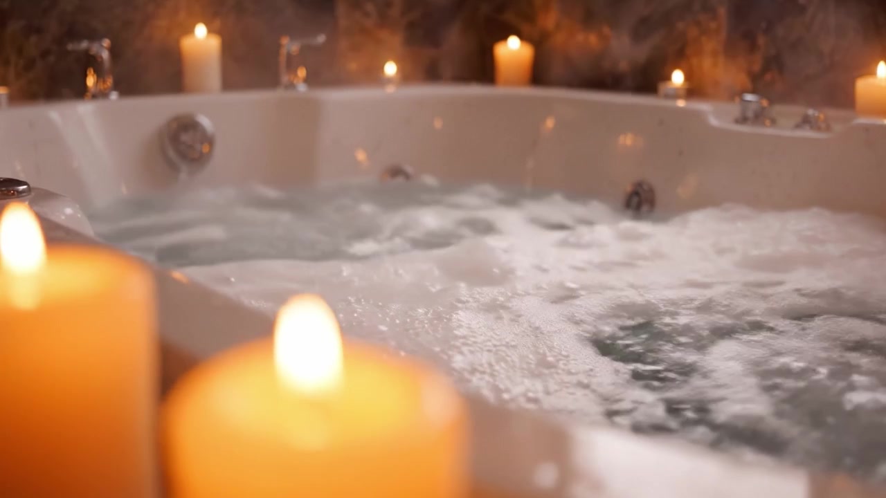 Esperienza Spa Rilassante e Invitante: Una Vasca Idromassaggio Incantevole Circondata da Soffusa Luce di Candele e Bolle per il Massimo del Coccole e del Comfort.