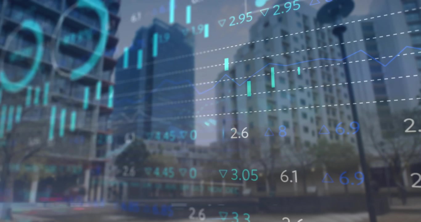 Animação de processamento de dados estatísticos e financeiros sobre vista de edifícios altos.