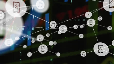 animación de una red de iconos digitales y procesamiento de datos frente a un servidor de computadora