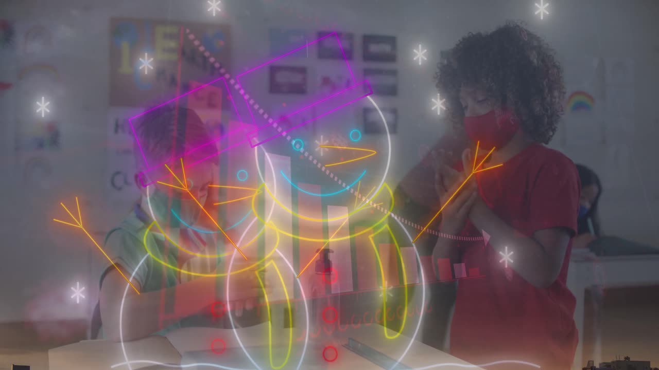 네온 스노우맨의 애니메이션과 학교에서 얼굴 마스크를 쓰고 있는 다양한 학생과 교사의 그래프