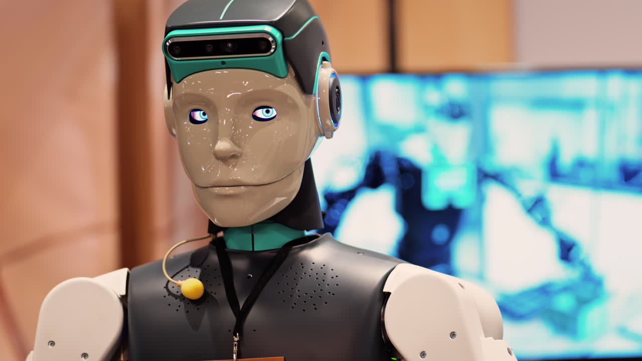 Cannes, France - February 15, 2025: Humanoid robot with a sleek black and white body, and glowing blue eyes, standing at conference