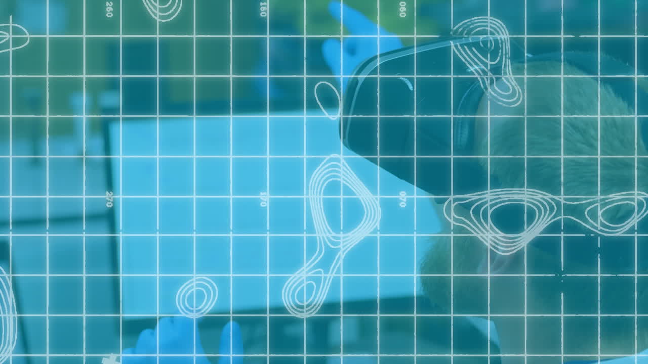 지도 선과 함께 그리드에 맞춰 가상 현실 헤드 ⁇ 을 착용한 사람의 애니메이션