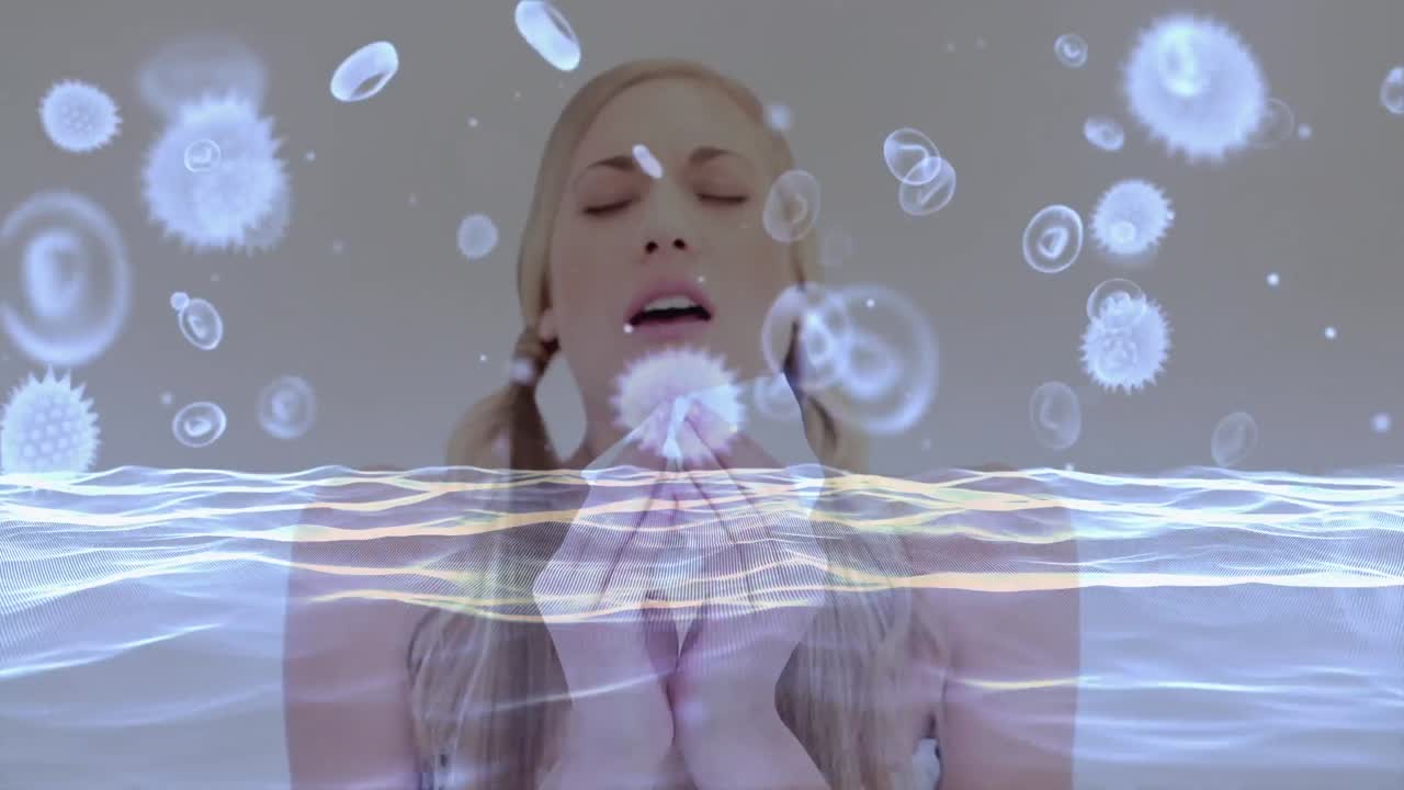 코로나19 세포의 애니메이션 백인 여성의 재채기