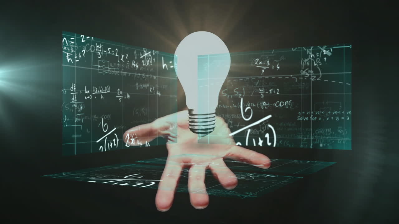 Reaching for glowing light bulb over animation of mathematical equations in school