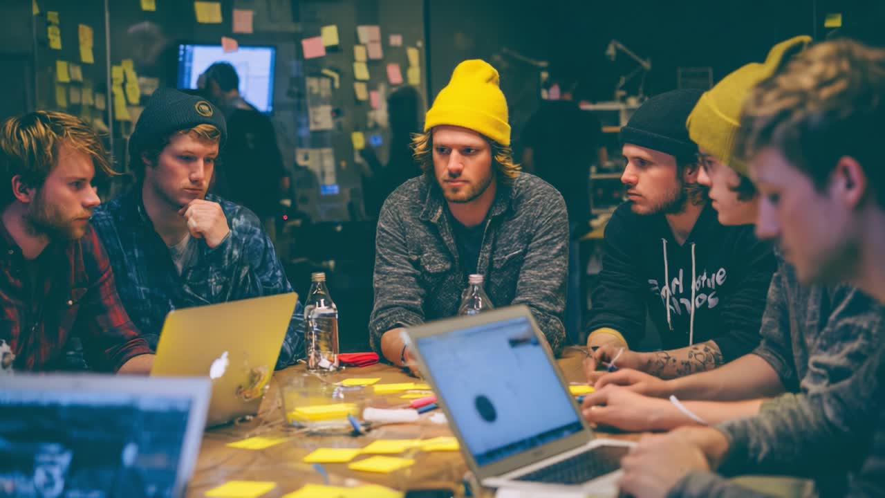 A Collaborative Brainstorming Session Among Creative Individuals Wearing Yellow Beanies, Engaged in Thoughtful Discussion Around a Table Covered in Sticky Notes and Laptops