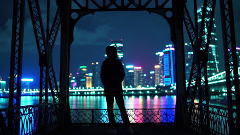 silhouette of a person overlooking a city at night from a bridge