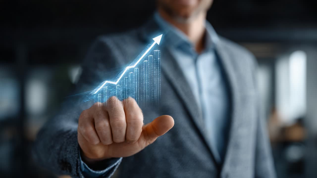 A Business Professional Demonstrates Growth with a Digital Graph Showing an Upward Trend in Performance and Success Metrics Representing Future Opportunities