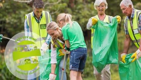 Animation-of-ecology-earth-day-text-and-logo-over-people-doing-cleaning-work-in-forest