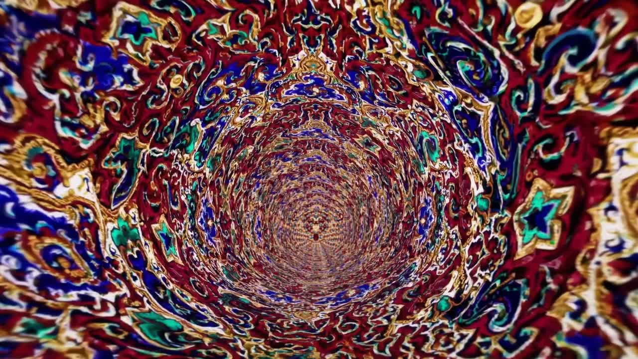 Vibrant swirling patterns in a mesmerizing spiral motion, showcasing intricate designs and rich colors, creating a captivating visual experience of continuous flow and depth