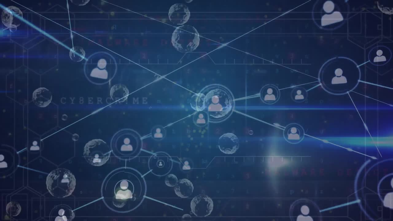 animación de la red de iconos de perfil y procesamiento de datos de ciberseguridad contra un fondo azul.