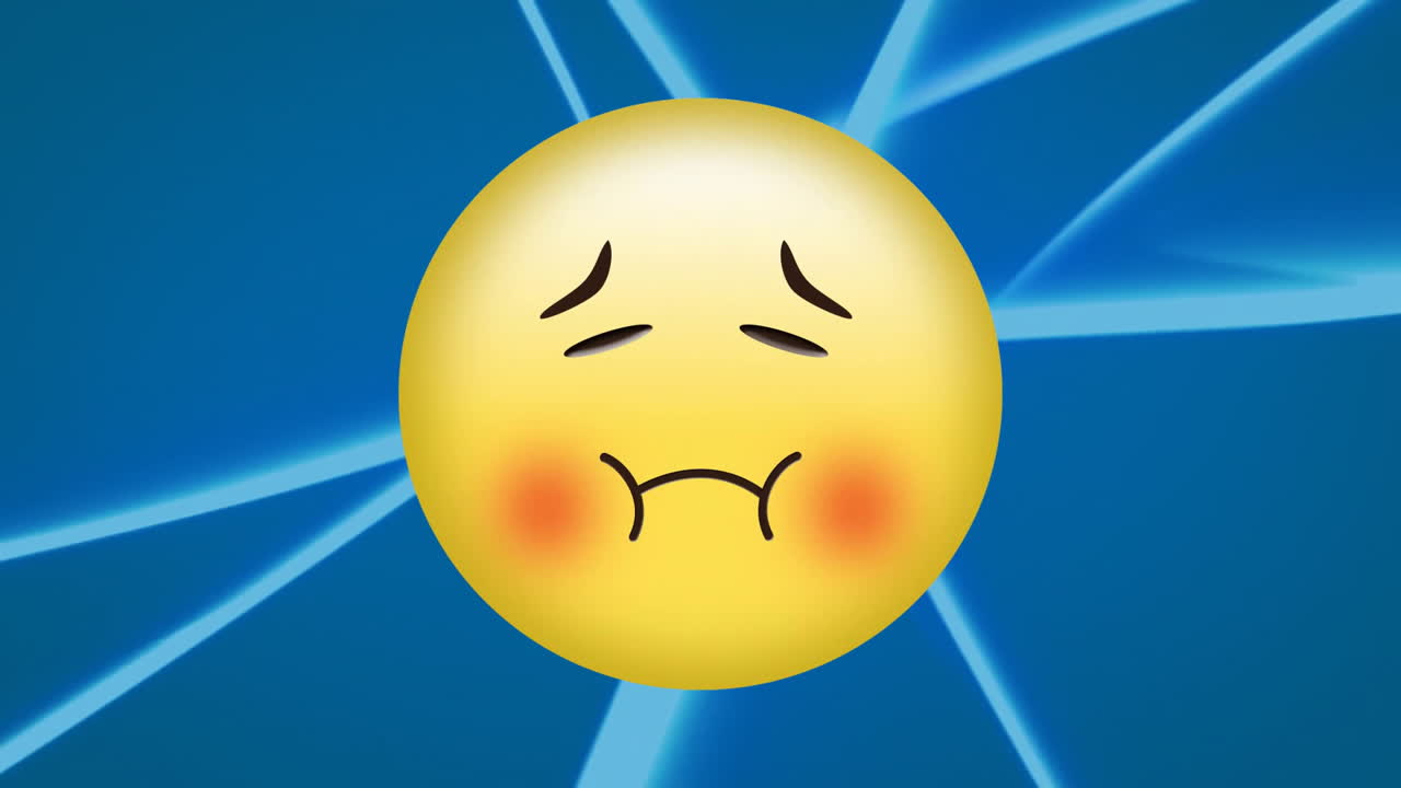 Sad face emoji animating over blue abstract background