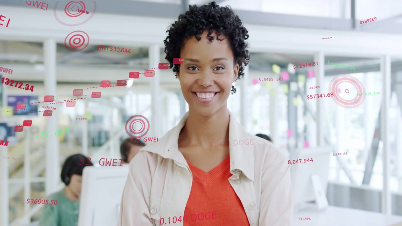 Standing woman responding to sliding financial graphics, relaxing folded arms and smiling at camera