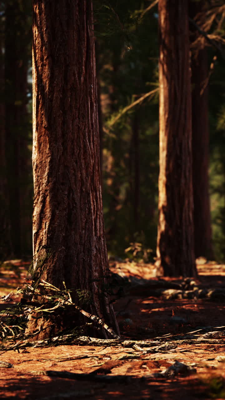 la luz del sol filtrándose a través de un denso bosque, iluminando los árboles y el suelo del bosque
