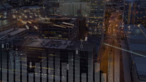 animation of financial data processing over cityscape